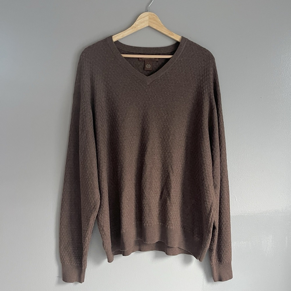 Tasso Elba Silk Cashmere Sweater Men's Brown‎ V Neck Long Sleeve Lightweight L